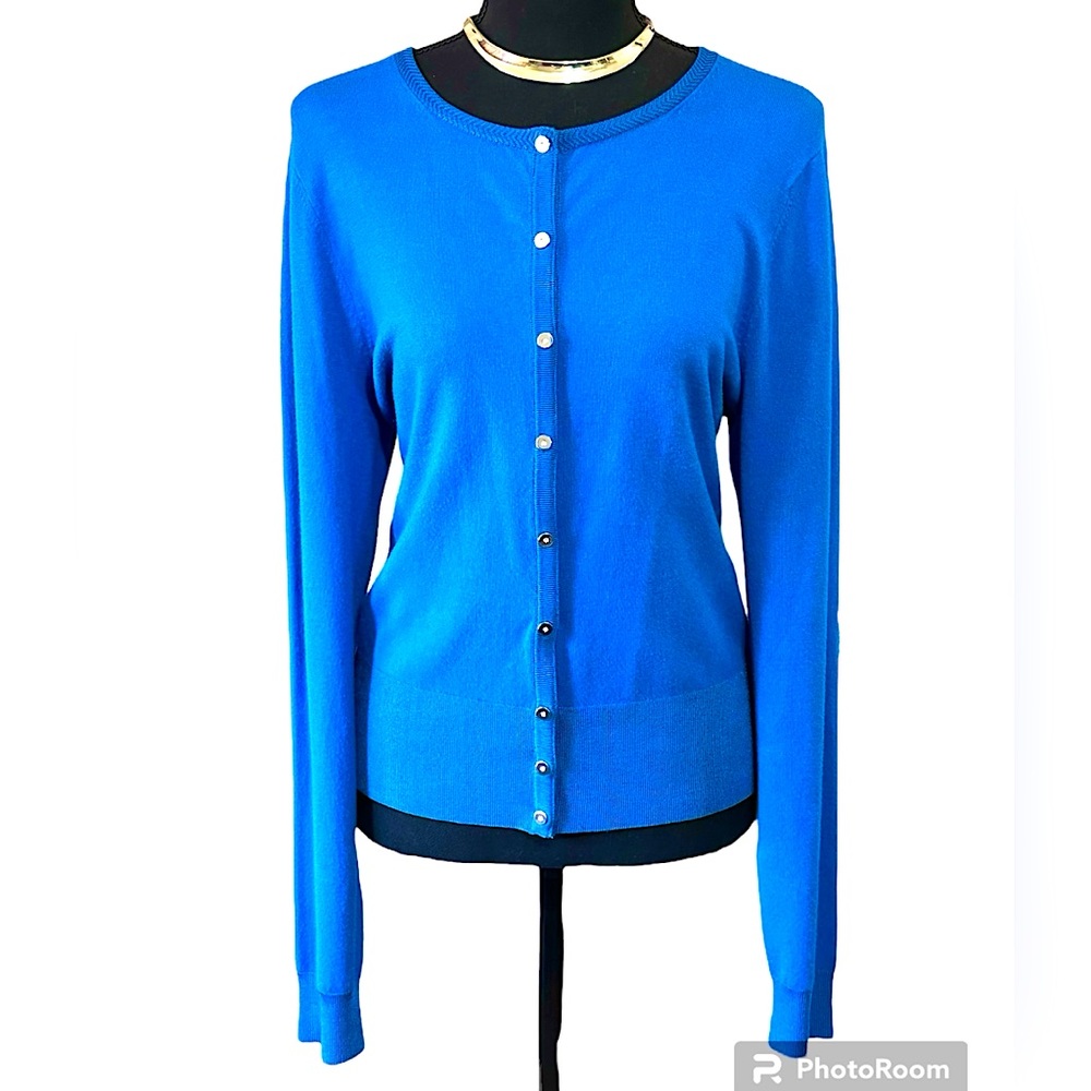 WHITE HOUSE BLACK MARKET Silver/Pave Crystal Snap Front Cardigan, ROYAL BLUE, L
